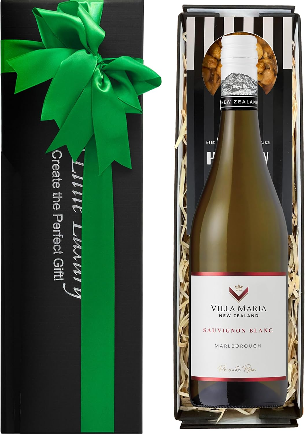 A Little Luxury Villa Maria Sauvignon Blanc Gift - with Morish Caramel-Coated Peanuts, Our Signature Gift Box & Green Satin Ribbon image number 2