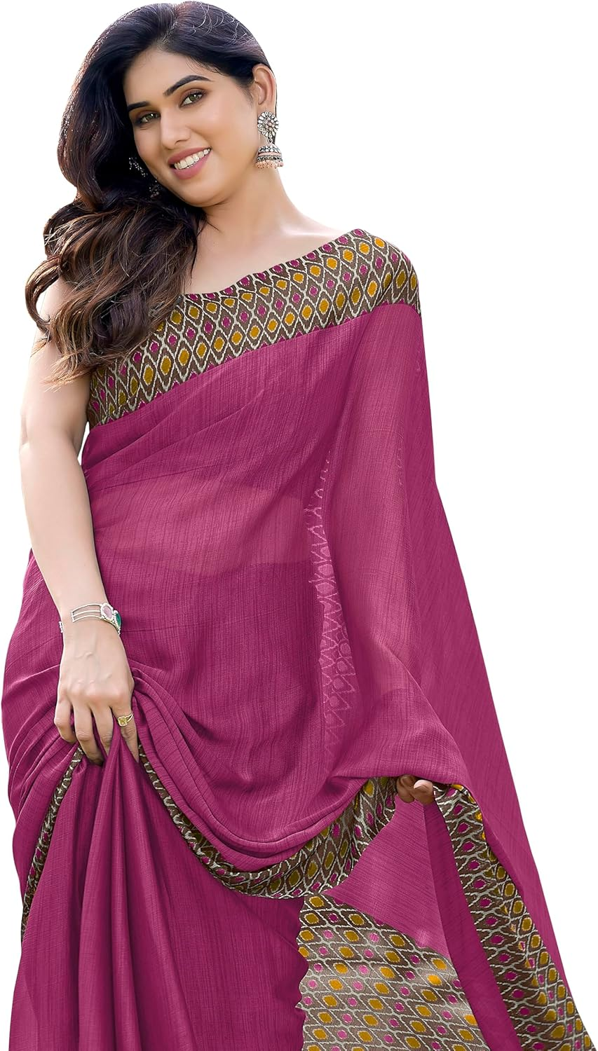 MIRCHI FASHION Women'S Stylish Chiffon Contrast Border-Pallu Printed Saree with Blouse Piece