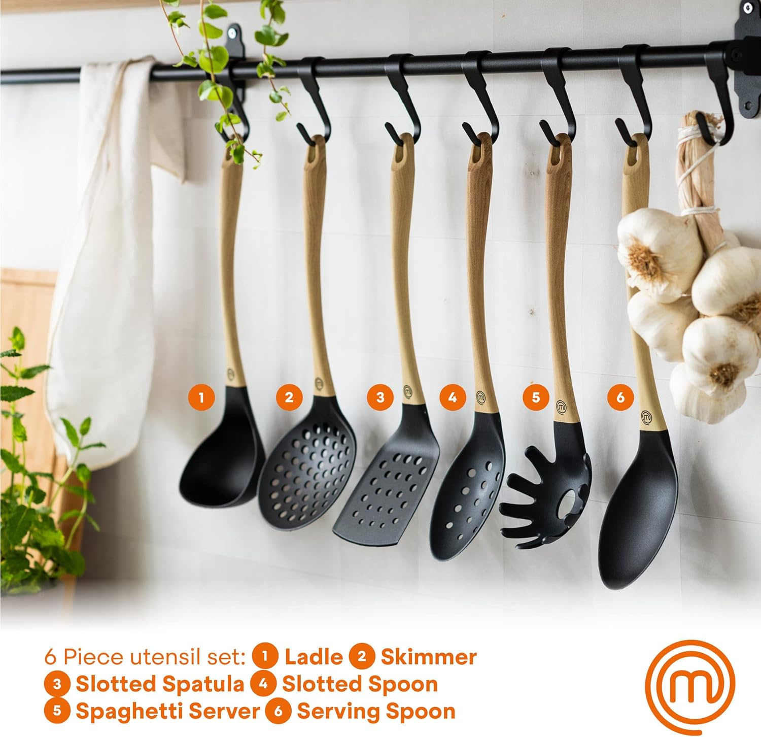Masterchef Kitchen Utensils Set Dishwasher Safe, Non Toxic Cooking Utensils Set for Nonstick Cookware, Non Scratch Plastic Tools Incl. Spatulas & Spoons, Heat Resistant Nylon, 6 Piece, Natural Look - Multi Colored image number 6