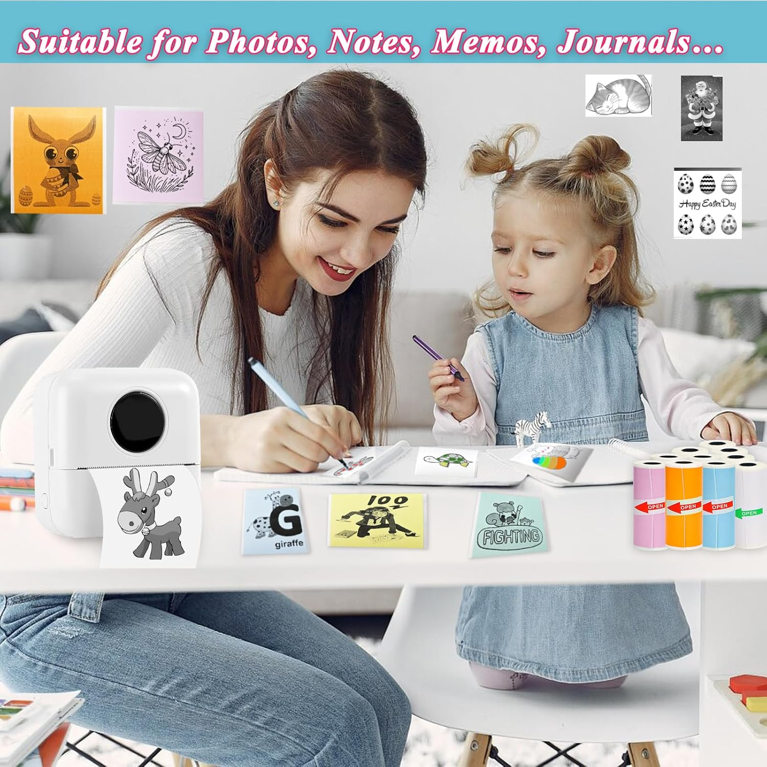 Rifanda 10 Rolls Thermal Sticker Paper, 57Mm X 25Mm, 5 Rolls White, 5 Rolls Colorful, for Most Mini Thermal Printers, Study Notes, Photos, Journals, Memo Lists image number 2