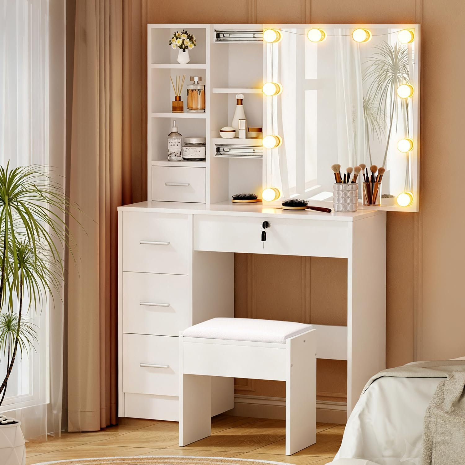 Artiss Dressing Table, Dressing Table with Mirror Lights 10 LED Bulbs Makeup Vanity Desk with Mirror Chair Stool Set Wooden, Home Bedroom Furniture Girls Women Organisers, Drawer Shelf Tabletop White