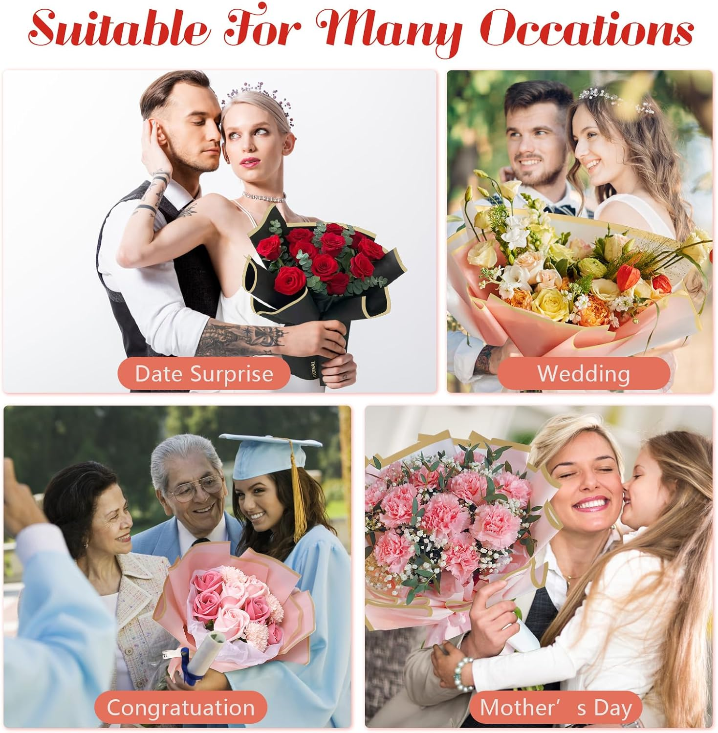 30 Sheets Flower Bouquet Wrapping Paper, COITEK Waterproof Gold Edge Flower Gift Wrapping Supplies Paper 6 Colors with 5 Rolls Ribbons for DIY Crafts, Gift Packaging image number 4