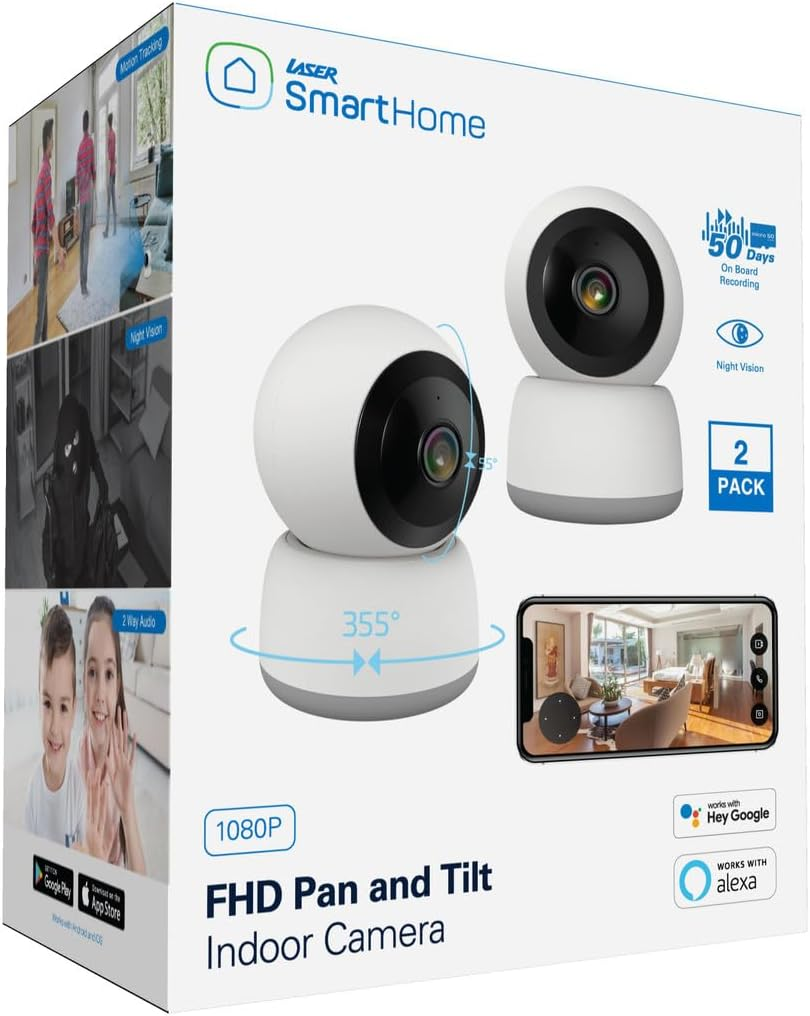 Laser Smart Home FHD Pan and Tilt Indoor Security Camera - 1080P HD Monitor, 360 Coverage, Motion Alerts, Night Vision, Two-Way Audio, Mobile App Control, Microsd Storage, Compatible with Alexa, 2Pack image number 3