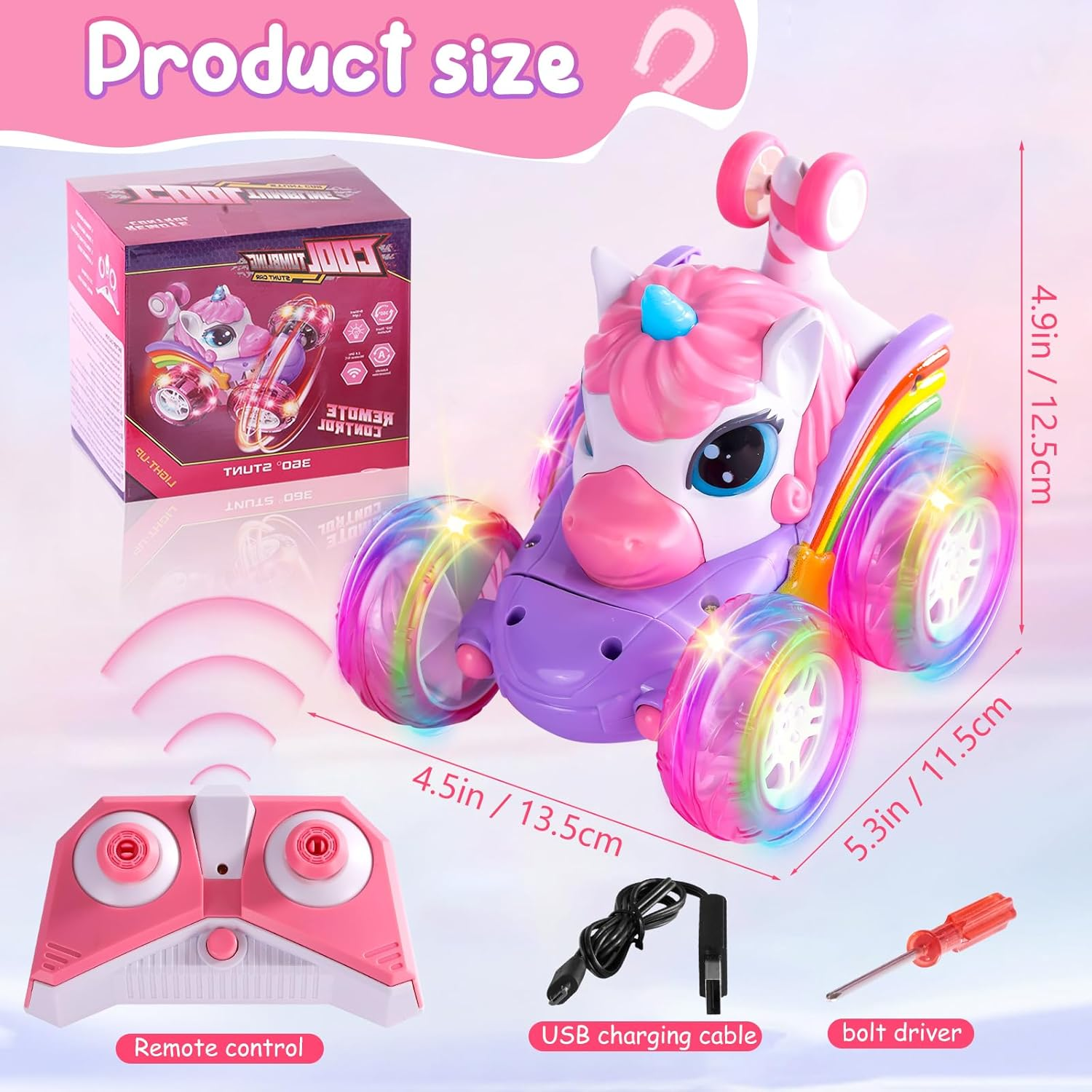 LOYOBOHO Remote Control Car for Girls, Pink 360&deg; Rotating 4WD Stunt RC Cars with Cute Cool LED Lights, 2.4Ghz Toy Car USB Direct Charging RC Cars Birthday Gifts for Kids Girl Age 3-6 7-9 image number 6