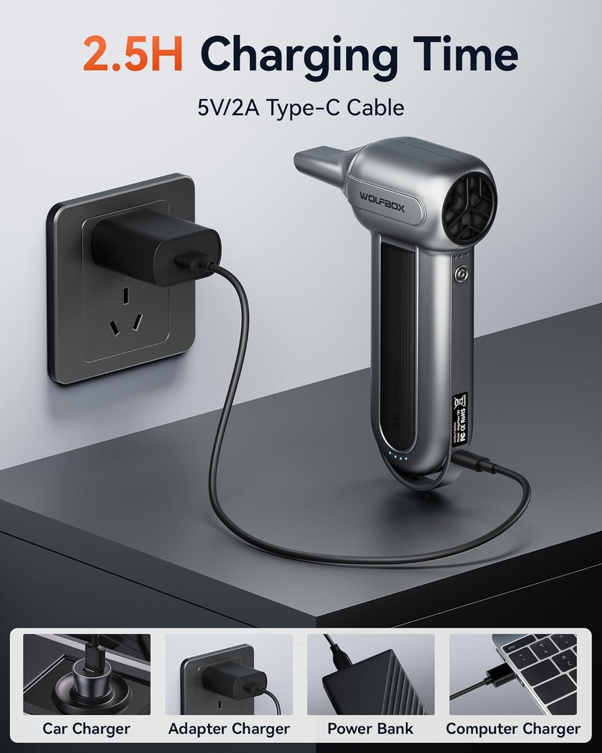 WOLFBOX MF100 Compressed Air Duster-150000Rpm Super Power Electric Air Duster, Rechargeable Long-Life Air Blower, Cordless 3-Gear Adjustable Mini Blower for Computer, Keyboard, Outdoors, Snow and Car image number 1