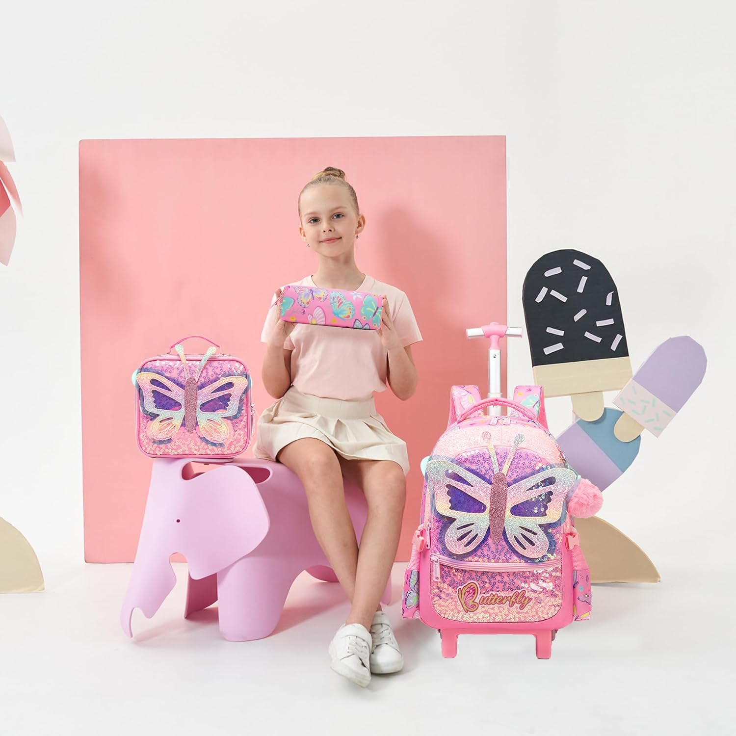 ZBAOGTW Rolling Backpack for Girls Unicorn Rolling Backpack with Lunch Box and Pencil Bag Adjustable Length Wheeled Backpack image number 4