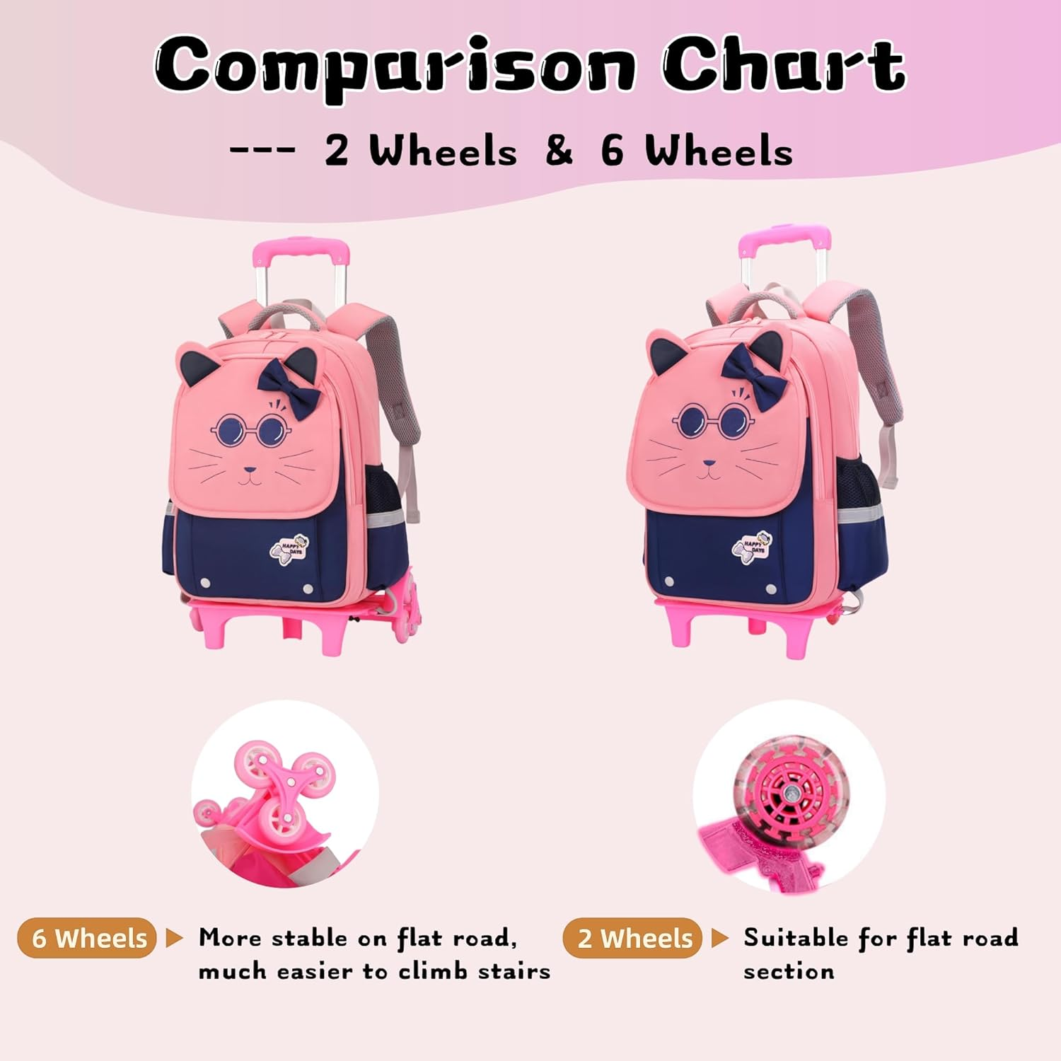 GRUOTEIS Cat Face Rolling Backpack for Girls Cute School Bag Backpack with Wheels image number 6