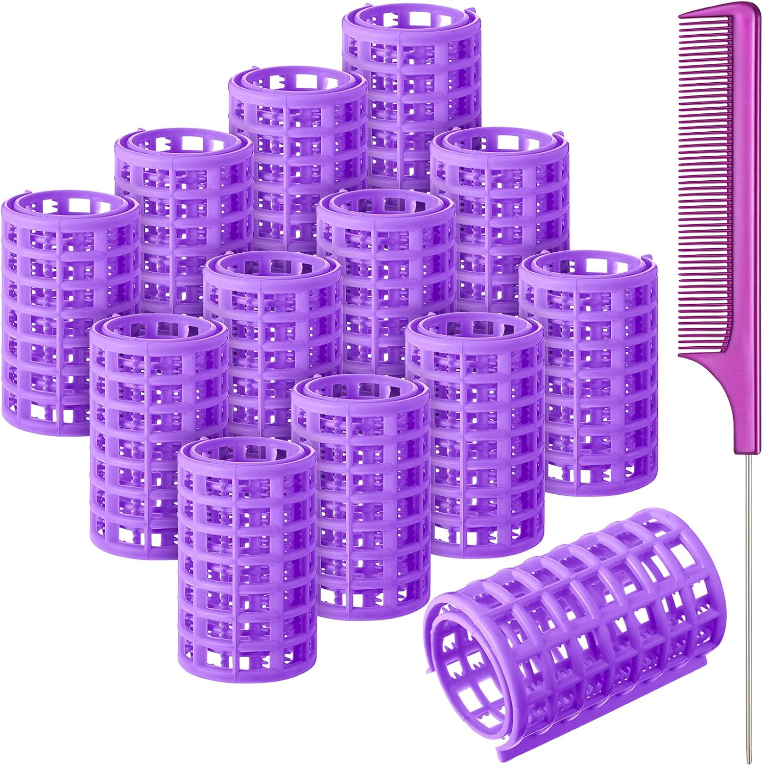 Syhood 12 Pieces Snap Hair Roller, Large Size Plastic Hair Rollers Curlers with Rat Tail Comb for Hairdressing Styling Tools(6.8 X 3 Cm,Peach Color)
