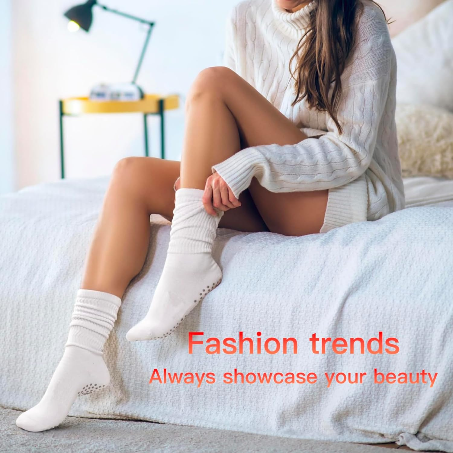 Grip Pilates Socks for Wome Yoga Slouch Socks with Grip for Barre Workout Hospital Long Scrunch Socks 3 Pairs image number 1