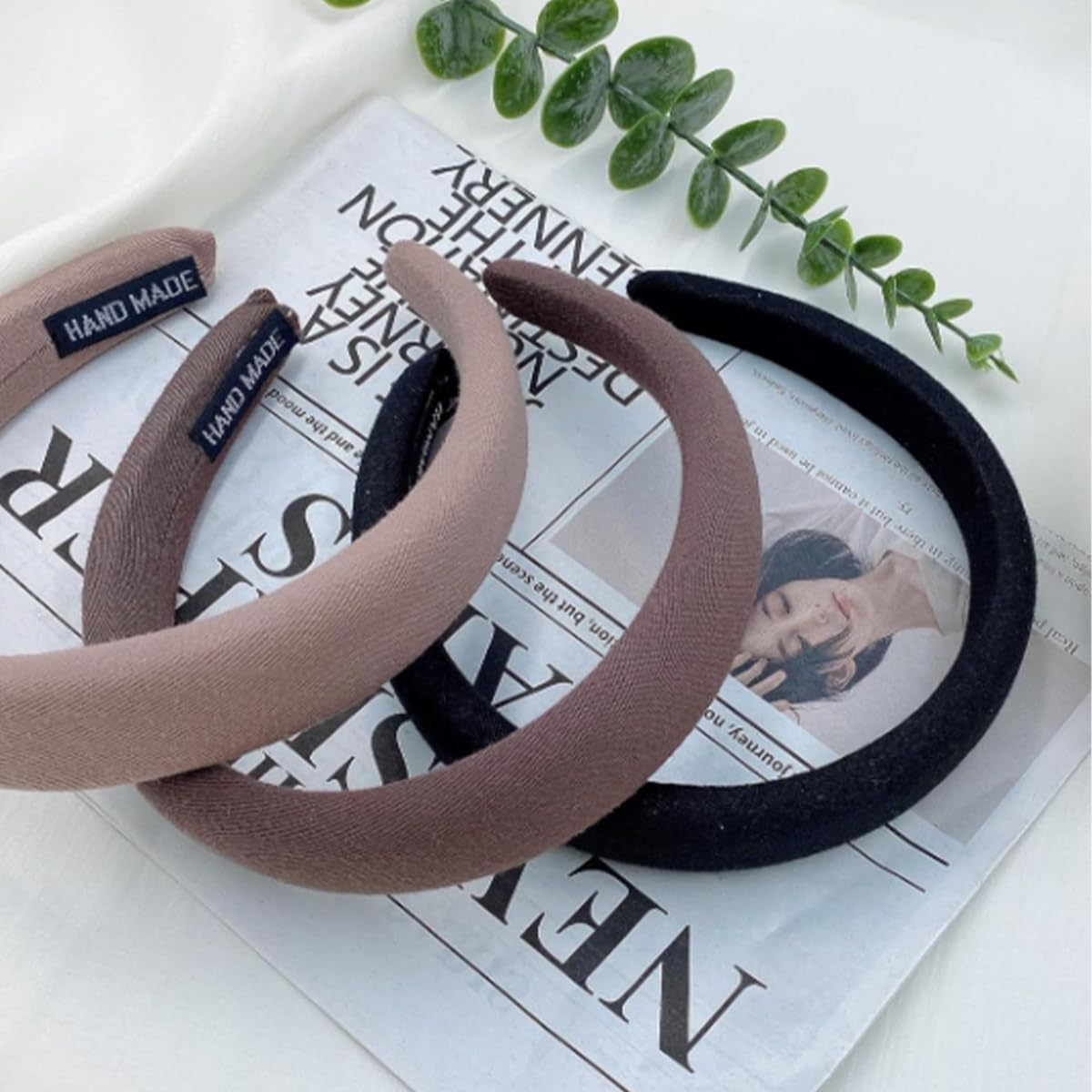 3 Pcs Wide Headbands, Women Soft Sponge Padded Non-Slip Headbands for Women Hairbands Hair Accessories(Black Brown Khaki) image number 2