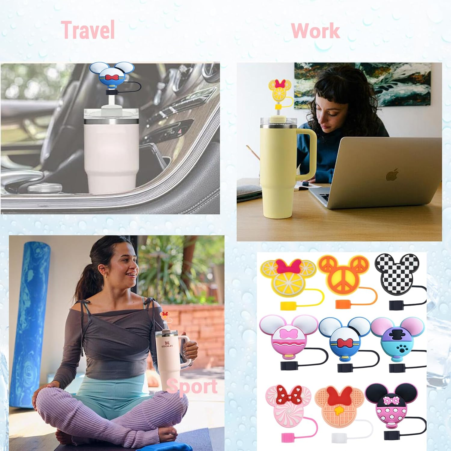 9 Pcs Silicone Straw Covers Cap for Stanley 20 30&40 Oz Cup,10Mm Diameter Different Cute Mouse Ears Straw Toppers for Stanley 40Oz Tumbler, Dust-Proof Straw Caps for Water Bottle (Cute Micke)