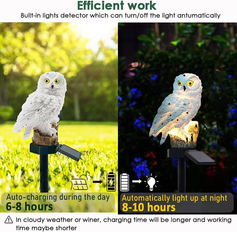 Yowin Owl Solar Garden Ornament, Owl Gift, Garden Sculptures & Statue, Waterproof Solar Animals for Outdoor Garden Yard Balcony Flowerbed Decorations - White - White image number 3