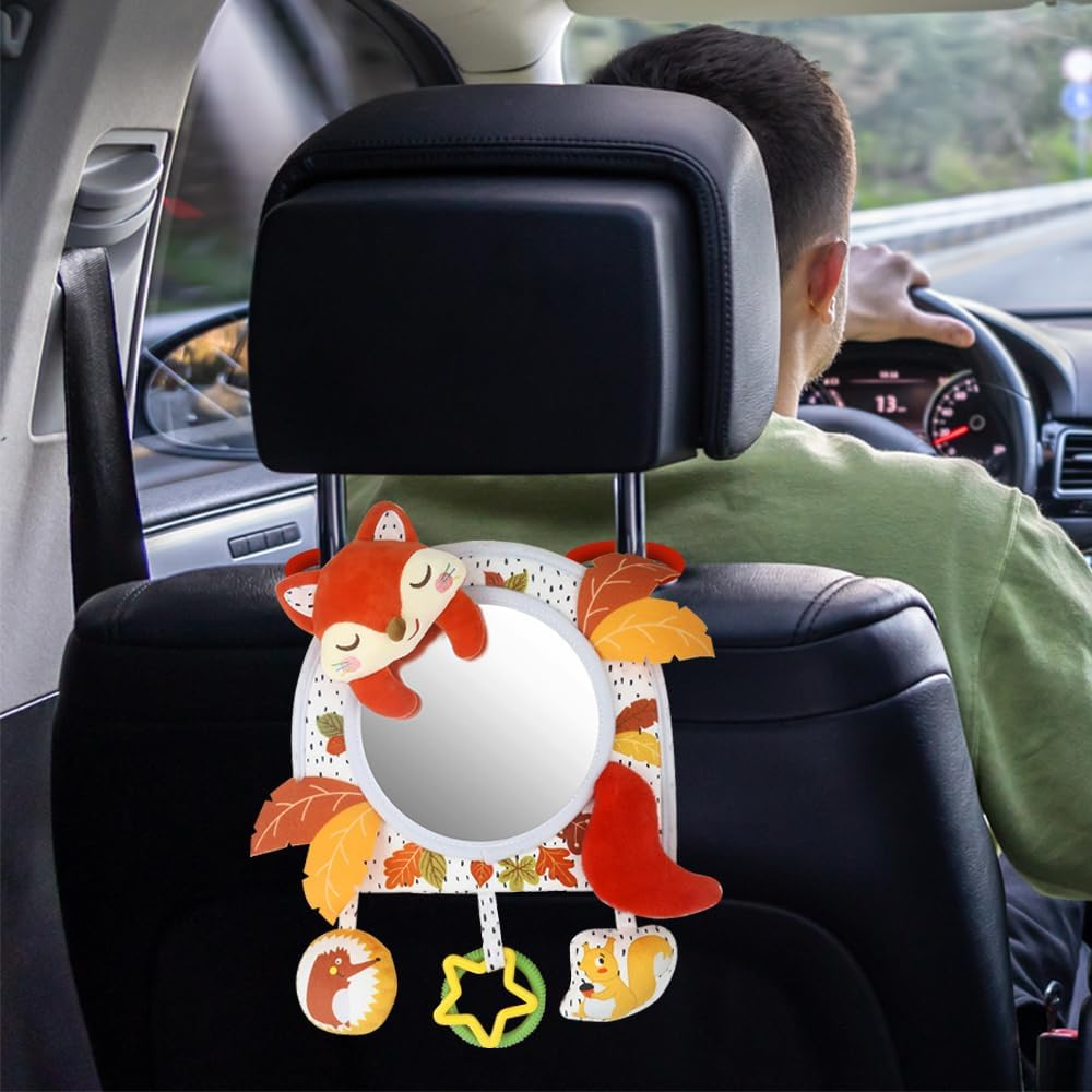 Baby Activity Hanging Toy with In-Sight Car Mirror, Adjustable for Car Seats, Strollers, Cribs, and Tummy Time, with Rattles, Crinkle Sounds, and Animal Design (Fox) image number 1