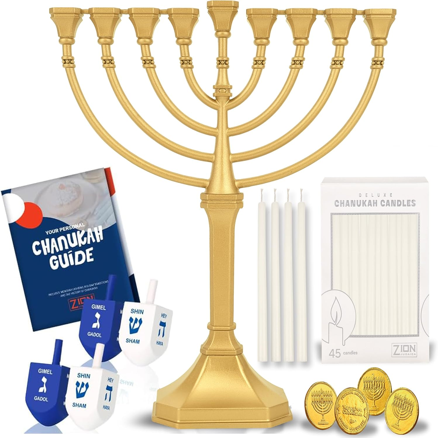 Value Complete Menorah Kit - Traditional Grace Hanukkah Candle Menorah with 44 Chanukah Candles, 4 Dreidels. Chanukkah Handbook Guide a Sack of Chocolate Gelt (Satin Gold) image number 3