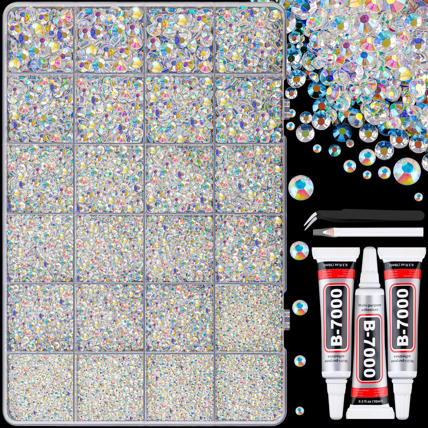 30000Pcs Resin Jelly Rhinestones with Tweezers for Bedazzling, Transparent AB Flatback Gems, Crystal with 3Pcs 10Ml B7000 Jewelry Glue for Crafting Clothing Tumblers Shoes Fabric Nail Art Makeup image number 1