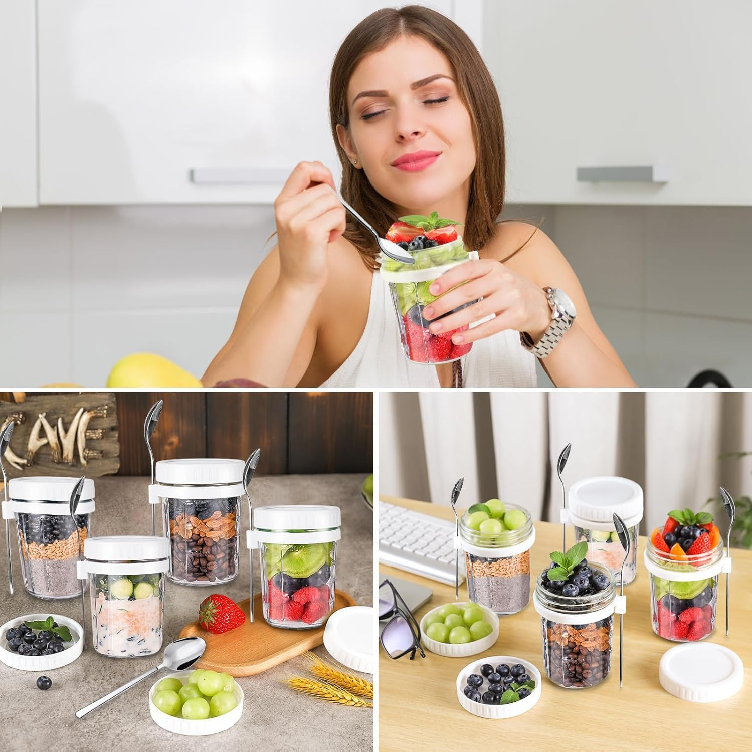 Heyinova Overnight Oats Jars,Overnight Oats Containers with Lids and Spoons, Airtight Oatmeal Container with Measurement Marks, Mason Jars with Lid for Cereal on the Go Container (4 White) image number 3