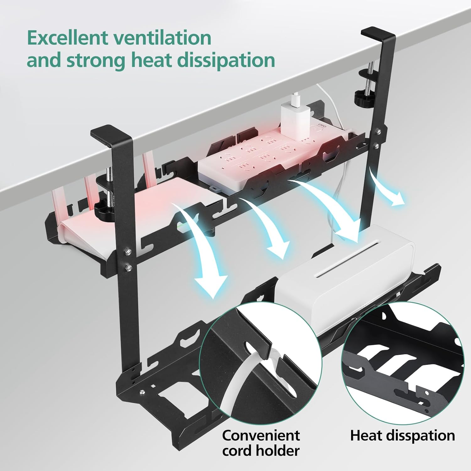 Under Double Desk Cable Management Tray,45-72Cm Adjustable Length Non-Drill Installation Cord Management for Home Office,Durable Carbon Steel Black image number 3