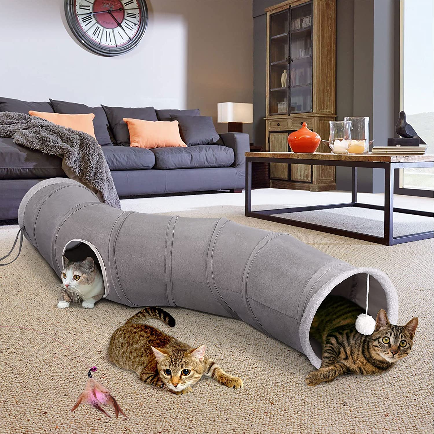 Ownpets Cat Tunnel S-Shape Collapsible Cat Play Tunnel with Interactive Feather Wand Large Pet Tunnel Tube Toy for Cat Kitten Kitty Puppy Rabbit image number 5