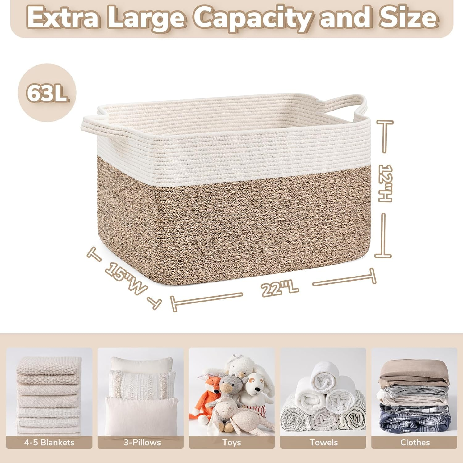 Large Basket, Storage Baskets for Organizing, XICEN Blanket Storage for Living Room, Bedroom, Rectangle Rope Baskets for Storage, Woven Baby Basket for Clothes, Towels, 55Cm X 38Cm X 30Cm image number 2