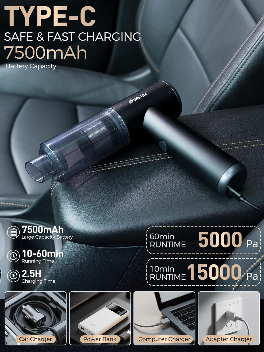Aokway Mini Vacuum Cleaner for Car, 15000PA Powerful Suction, Rechargeable Small Car Vacuum Portable Cordless, Handheld Car Vacuum Cleaner & Air Duster for Home, Desk,Pc, Keyboard image number 3