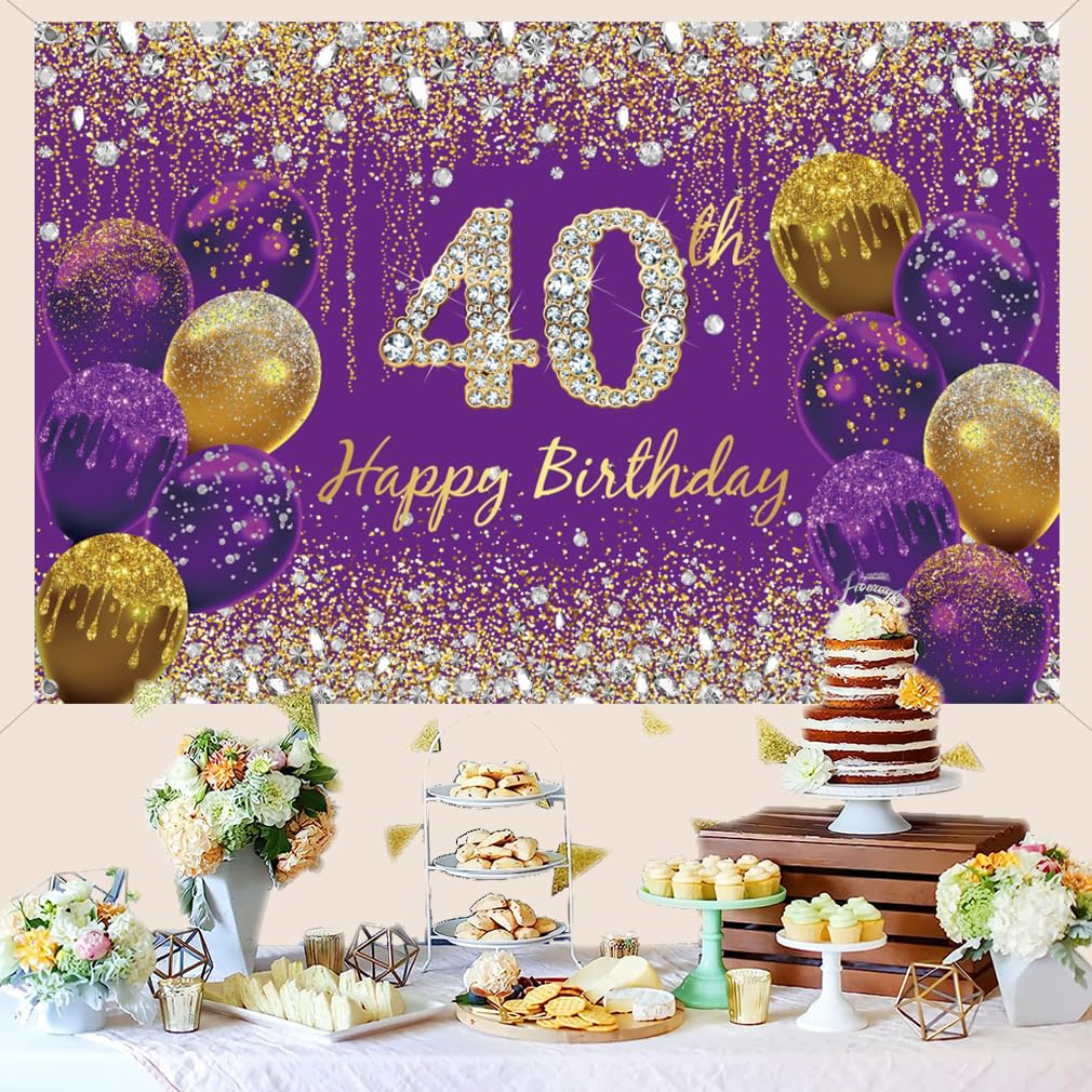 40Th Birthday Decoration Women, Purple Fabric Sign Poster Birthday Party Decoration Background Banner Women, 40Th Birthday Party Decoration, 59"X35.4" image number 4