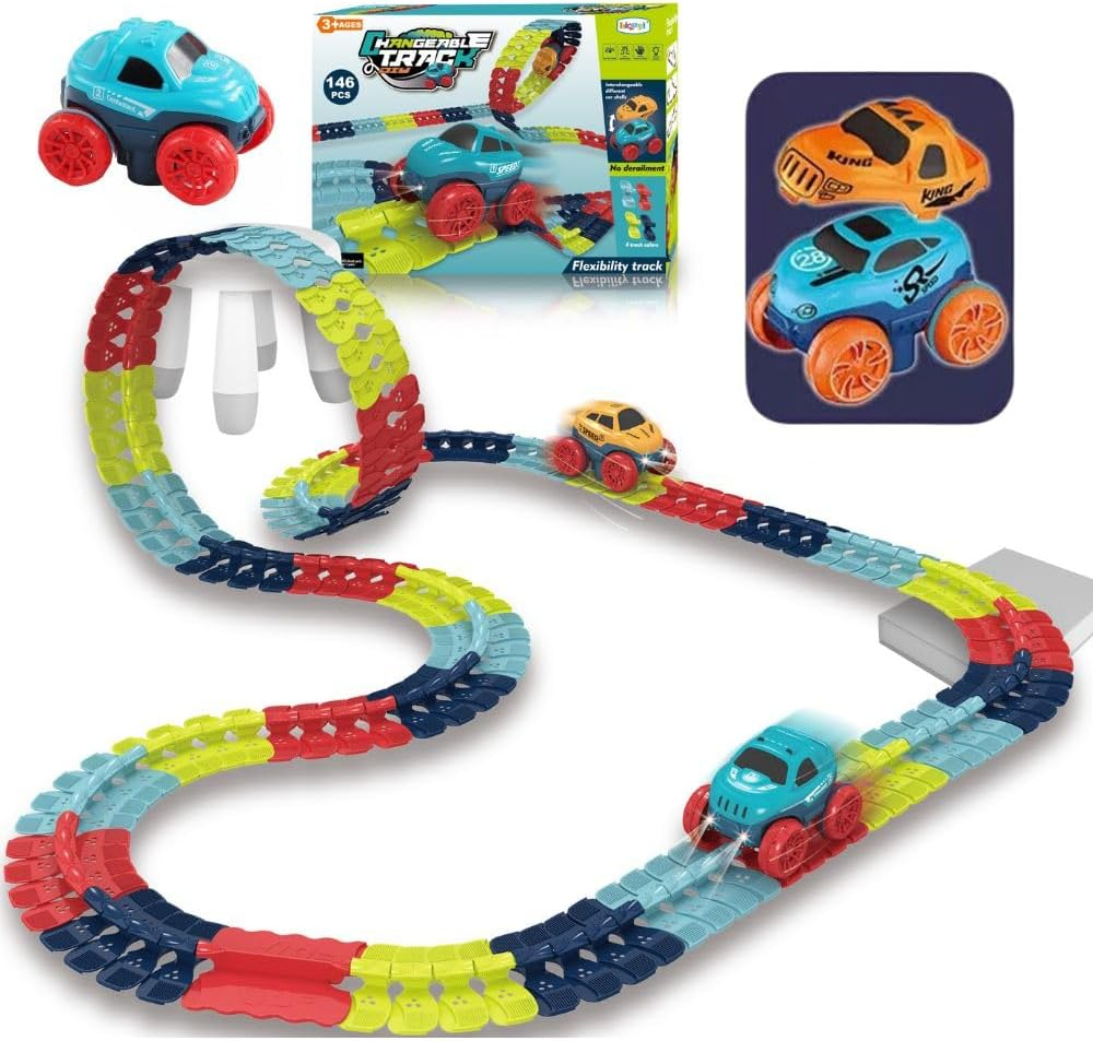 Zero Gravity Car Track Set Race Track Toys for Boys Kids LED Light-Up Race Car,Flexible Changeable Magic Race Car Track Toys for 3 4 5 6 7 8+Year Old Boys Girls as Best Birthday Gift (195 PCS)
