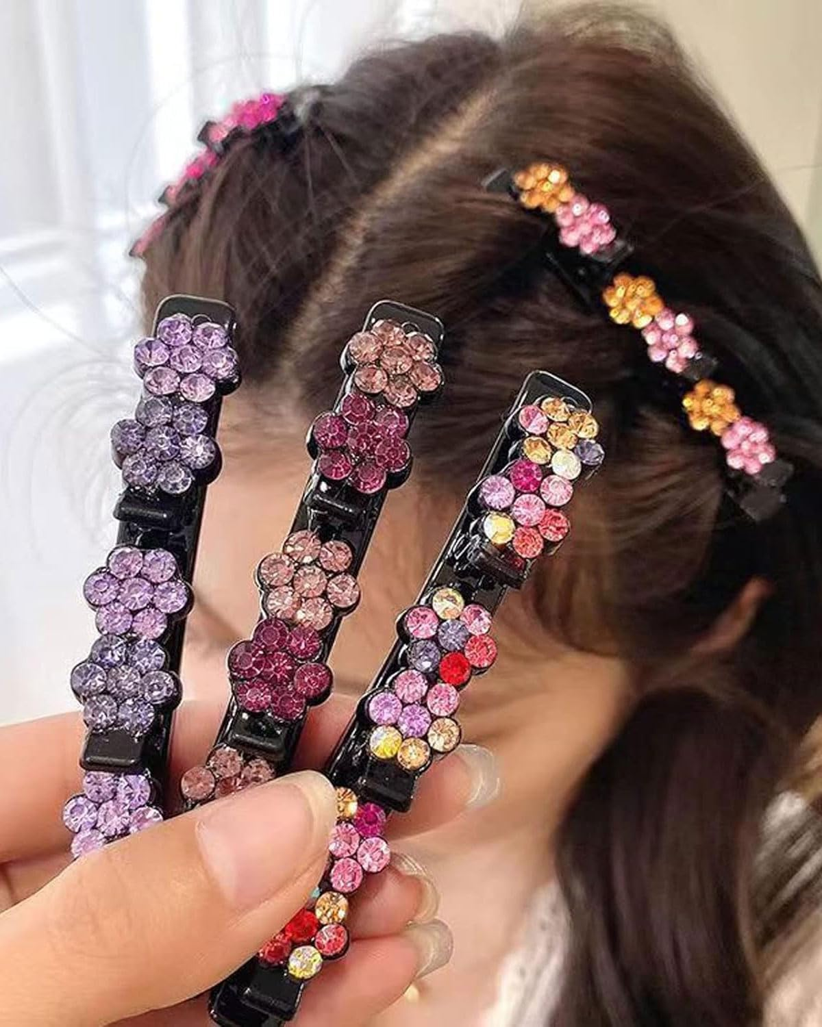 KGDUYC 4Pcs Braided Hair Clips with Crystal Stones, Hair Clip with Crystal Flower, Braided Duck Beak Clip, Braided Hair Clips, Hair Accessories for Women image number 2