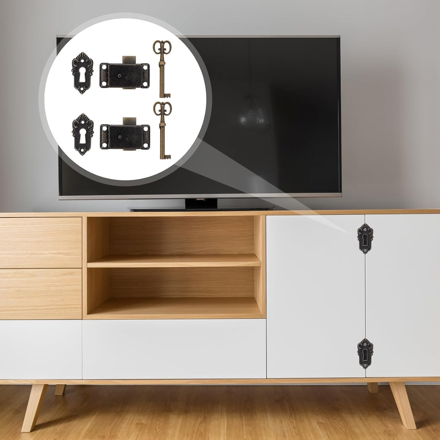 Anneome 2Pcs Vintage Cabinet Drawer Locks with Keys, Antique Metal Jewelry Box Latches for Bedroom Wardrobe Cupboard, Decorative Classical Cabinet Hardware for Pantry and Closet image number 6