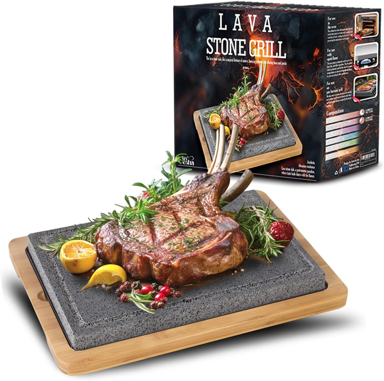 Artestia Extra Large Lava Stone for Cooking Steak, Hot Stone Plates Tabletop Grill, Sizzling Stone Grill Cooking Platter for Meat, BBQ Lava Steak Stones with Bamboo Platter (13.66"*8.93") image number 1