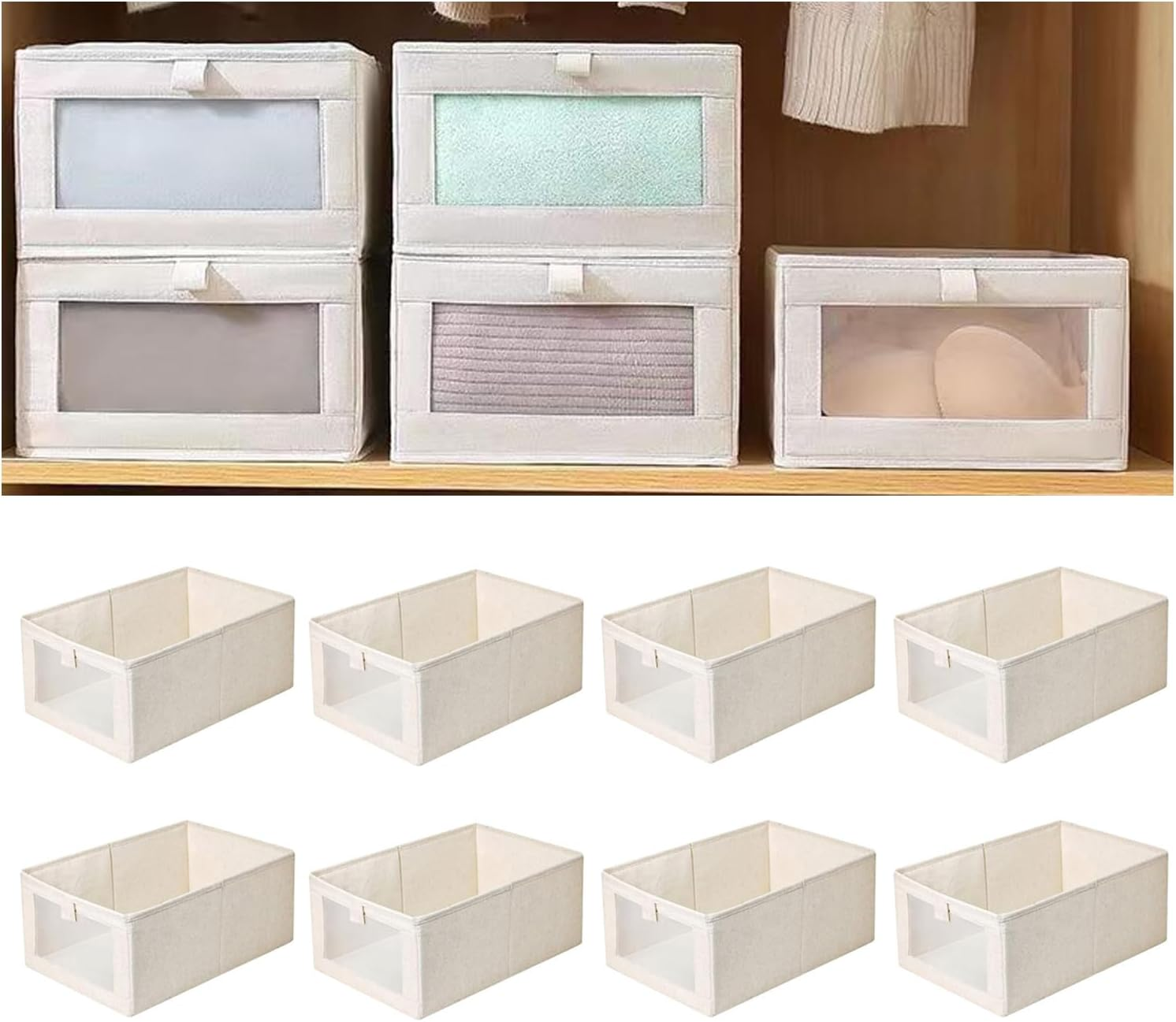 8 Pack Linen Closet Organizers & Storage Bins, Foldable Closet Baskets with Clear Windows, Perfect for Organizing Clothing, Jeans, Toys, Books, Shelves, Wardrobe, and More image number 5