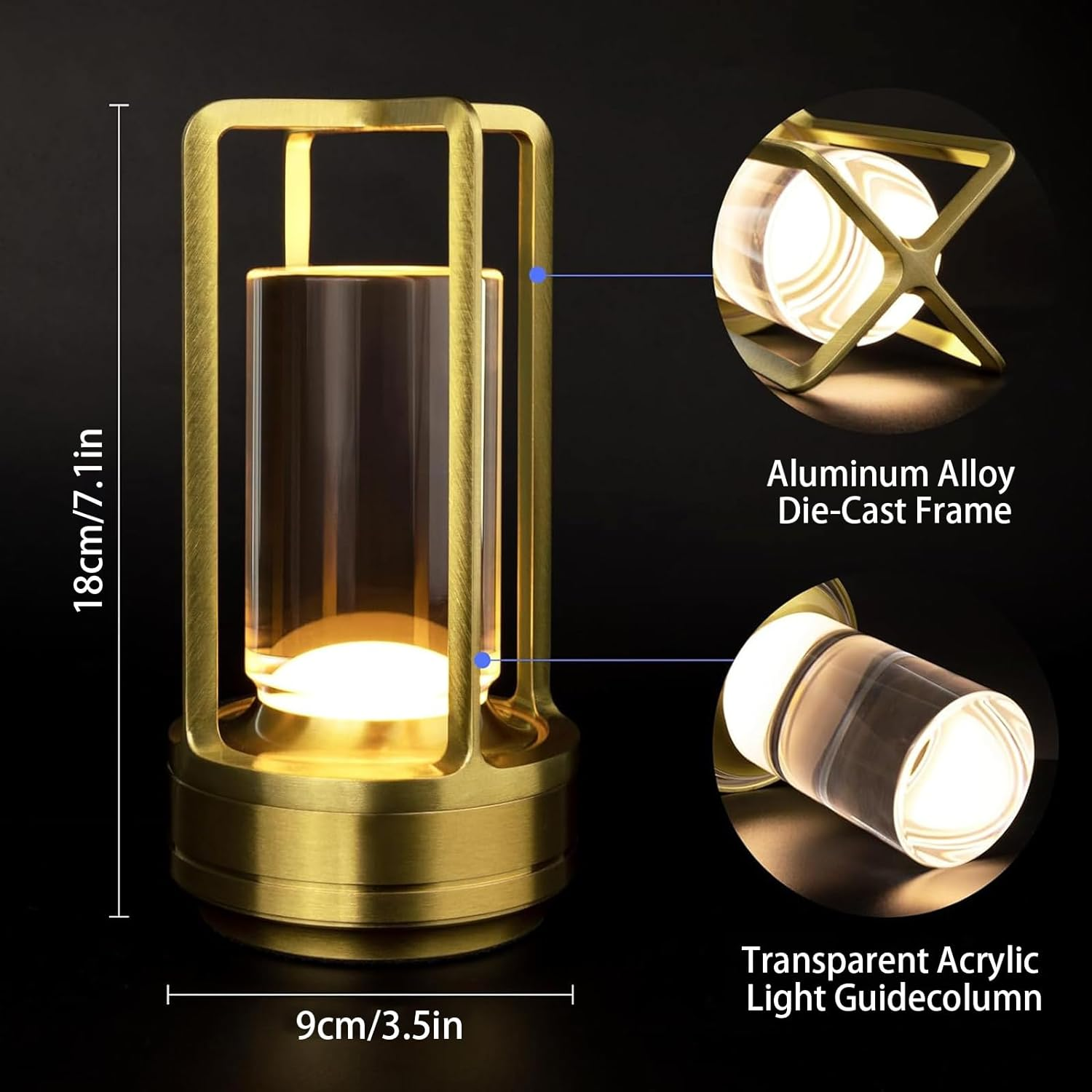 Cordless Table Lamp, LED Lamp with 2000Ma Battery, 3 Color Stepless Dimming, Lumisom Crystal Lantern Lamp, Klarako Crystal Lantern Suitable for Bedroom/Bar/Cafe/Camping(Gold) 1 Pack image number 2