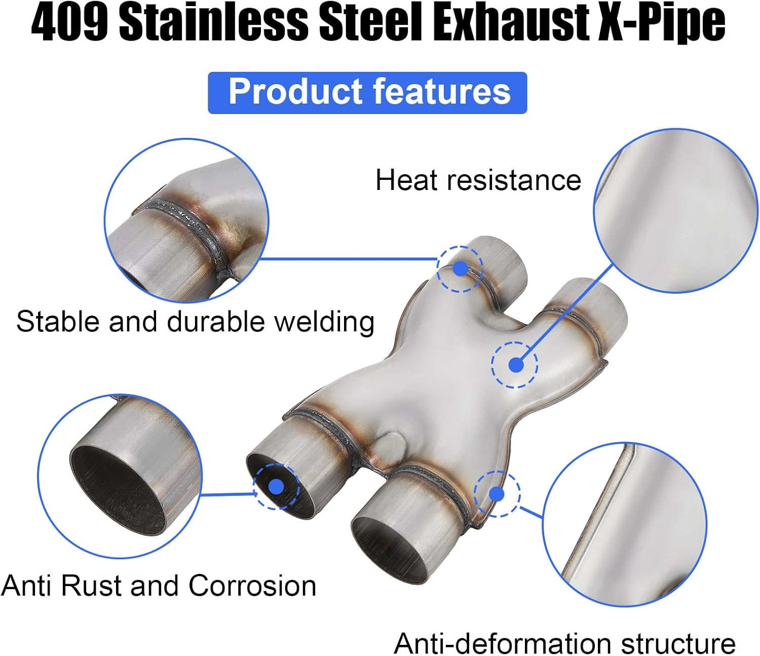 Floshine 409 Stainless Steel Diesel 2.25''Inlet/2.25''Outlet Exhaust X-Pipe,Universal Crossover 2.25In X Pipe 12" Overall Length image number 1