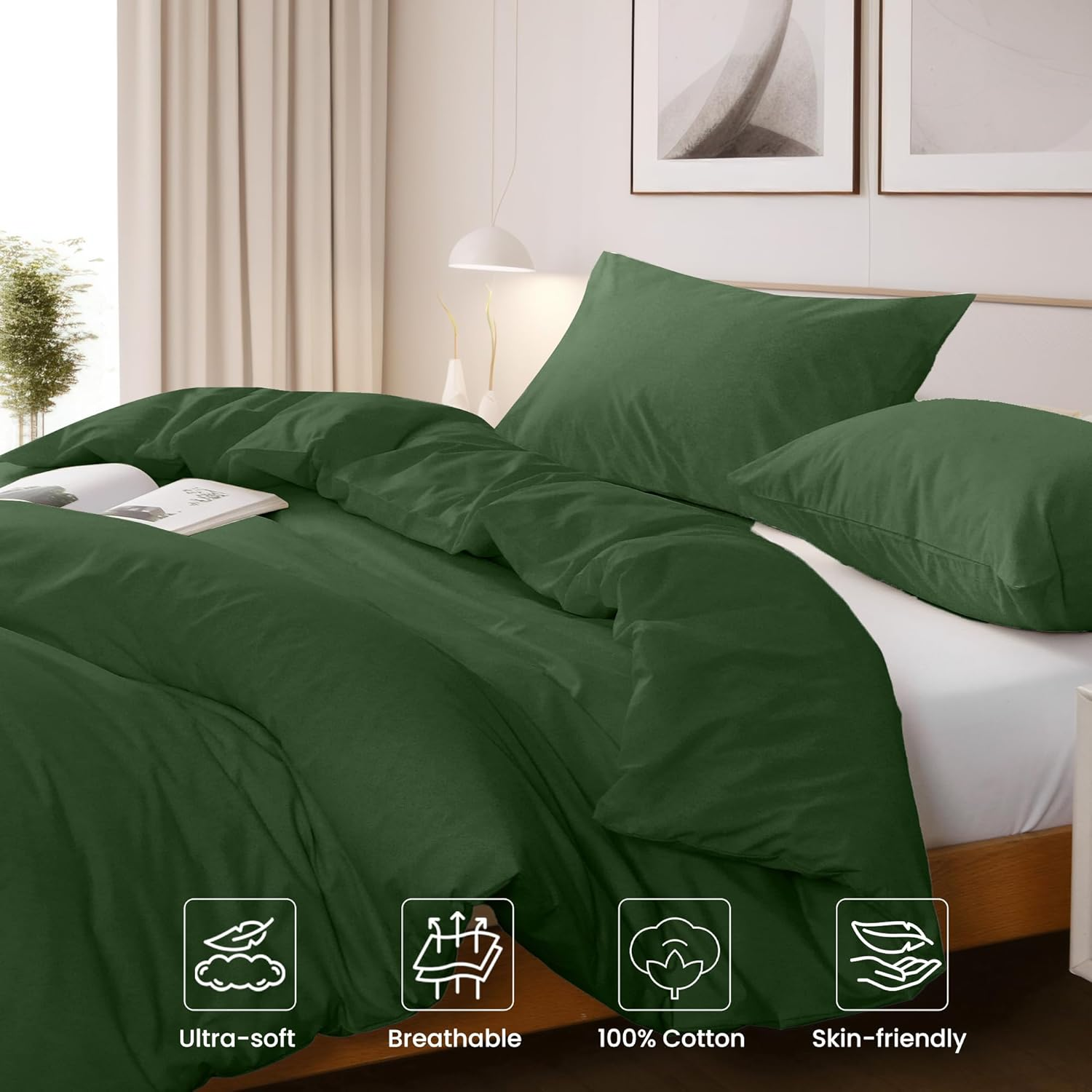 LINENOVA Queen Quilt Cover Set, 100% Luxury Cotton Duvet Cover with Buttons Closure,Ultra Soft Solid Plain Color 3Pcs Doona Cover Set(Queen, Olive) image number 1