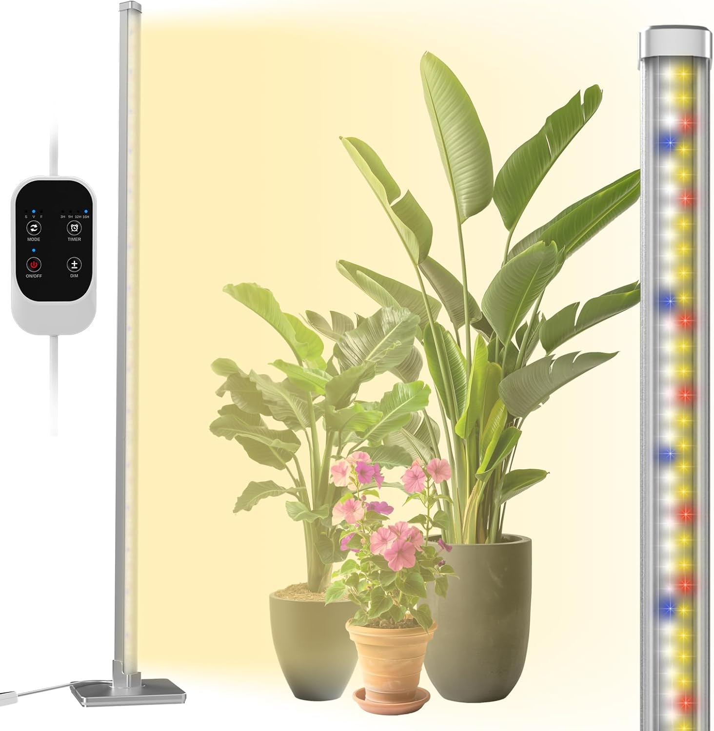 GLOWRIUM Standing Grow Light with Auto-Timer, 36W Vertical Grow Lights for Indoor Plants,3 Light Modes,268 Leds Detachable Full Spectrum Plant Lights for Wide Area Coverage in Indoor Plants (60 In)