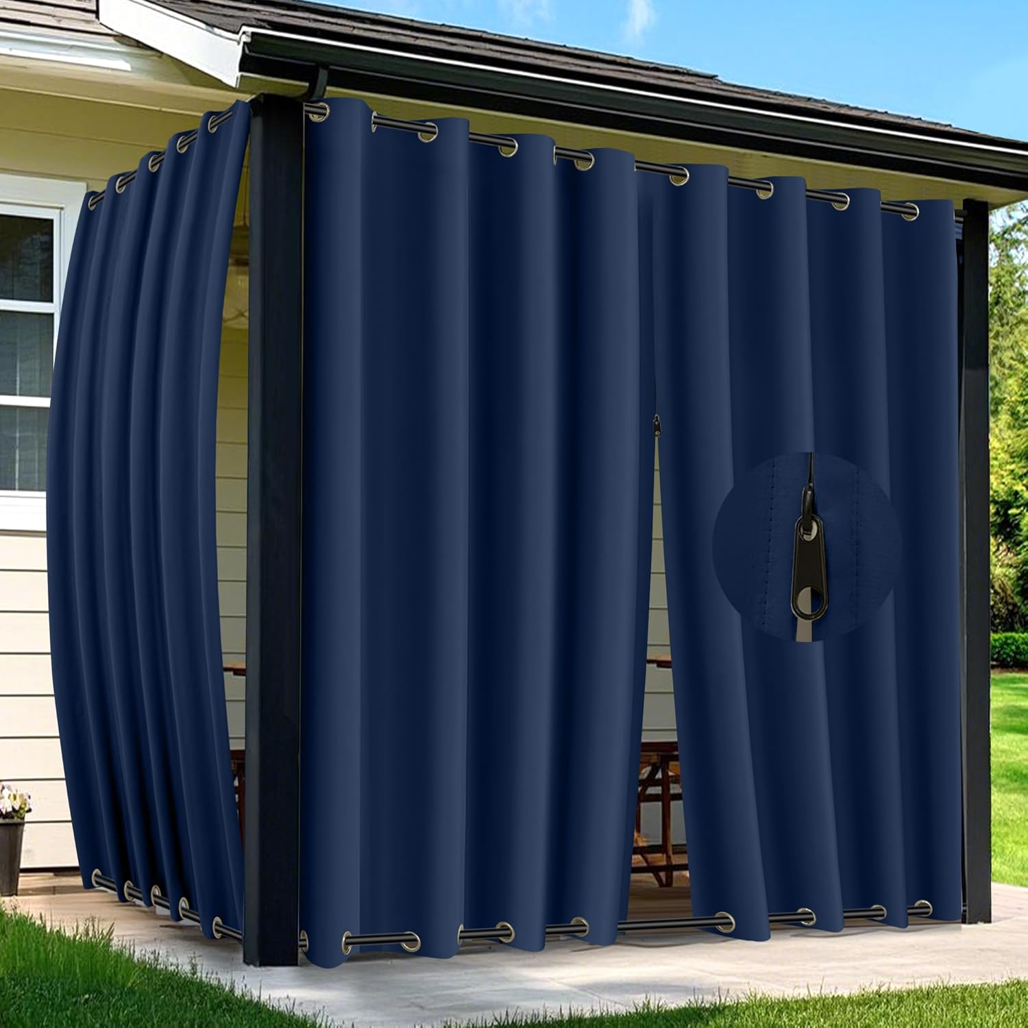Arfntevss Outdoor Curtains for Patio Waterproof 2 Panels Blackout Extra Wide Curtains with Zipper Top & Bottom Grommet Sun Blocking Outdoor Privacy Drape for Gazebo Porch Pergola (110X96, Navy Blue) image number 5