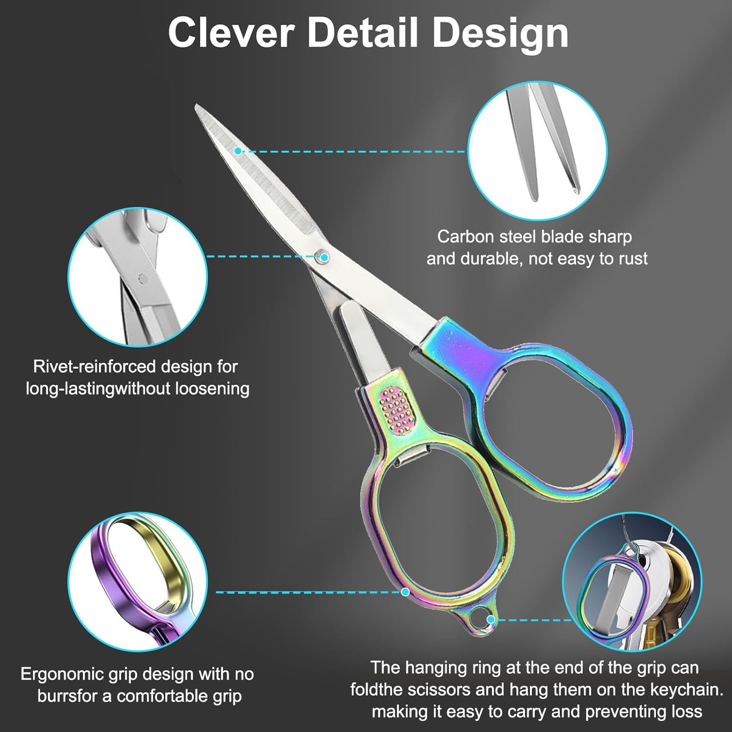 2 Pcs Foldable Stainless Steel Mini Scissors， Portable, Safety Keychain Design for Travel, Office, Craft, Sewing & Nursing(Color) image number 2