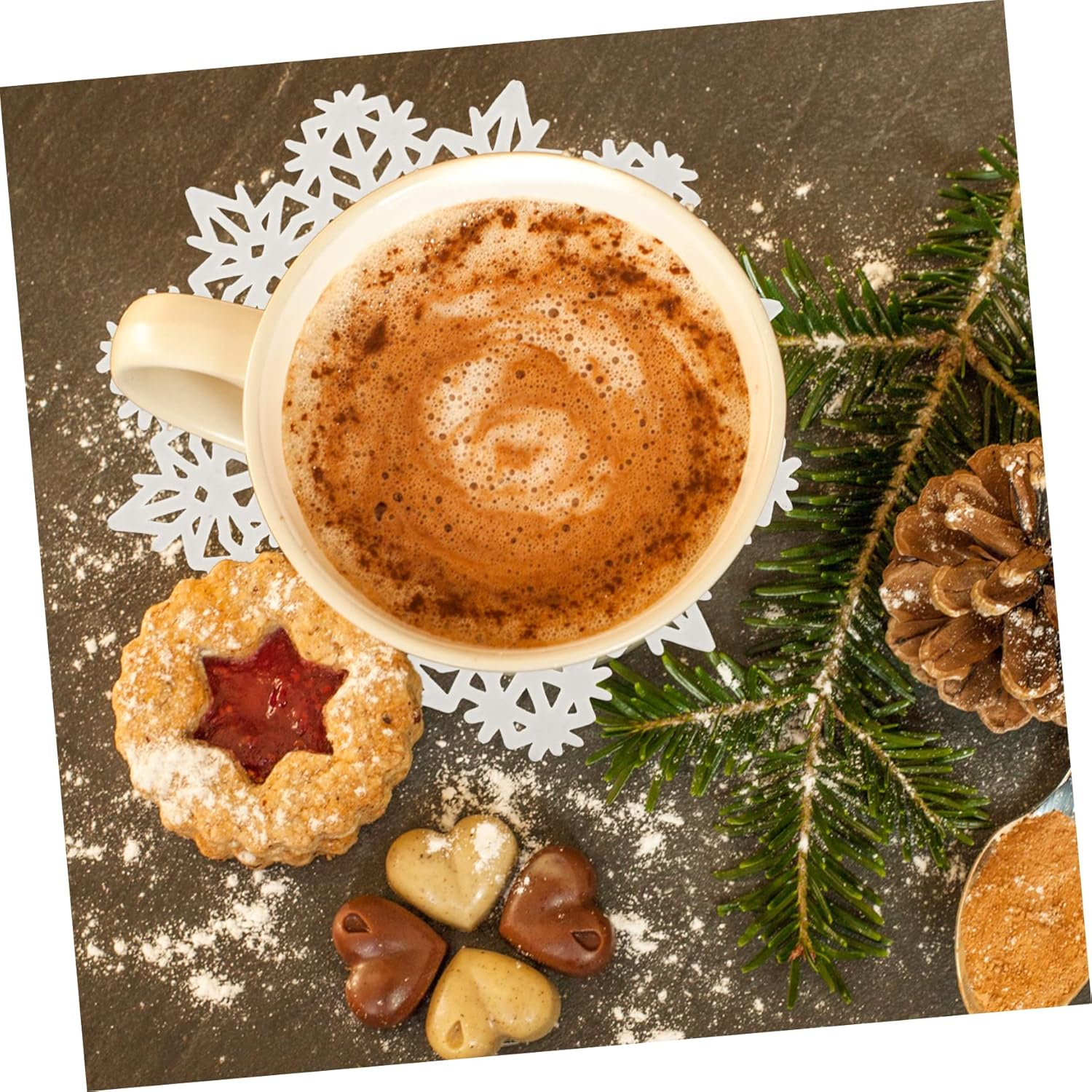 SHOWERORO 6Pcs Christmas Cup Mats White Snowflake Shape Coasters Thermal Insulation Placemat Non-Skid Desk Topper Decorative Cup Cushion for Kitchen Dining Table image number 1