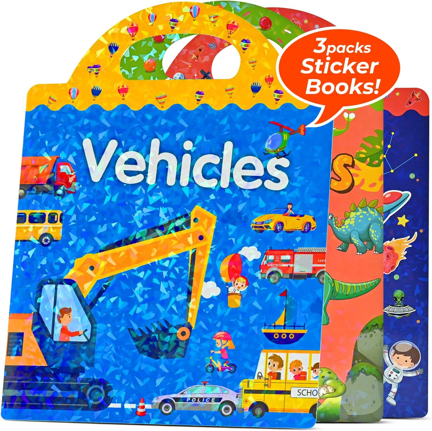 Eoocoo 3 Pack Reusable Sticker Books for Kids 3-5, Travel Airplane Activity Stickers for Boys Girls, Education Learning Toys for Toddler Party Birthday Gifts-Space, Dinosaurs and Vehicles image number 6