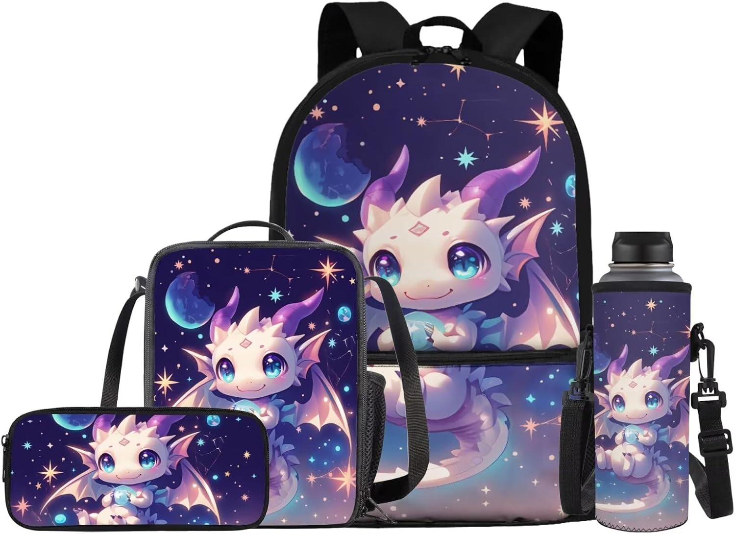 JEOCODY Kids Backpack Set 4 Piece School Bag with Lunch Bag Pencil Case Water Bottle Holder for Boys and Girls, Cute Galaxy Dragon Printed