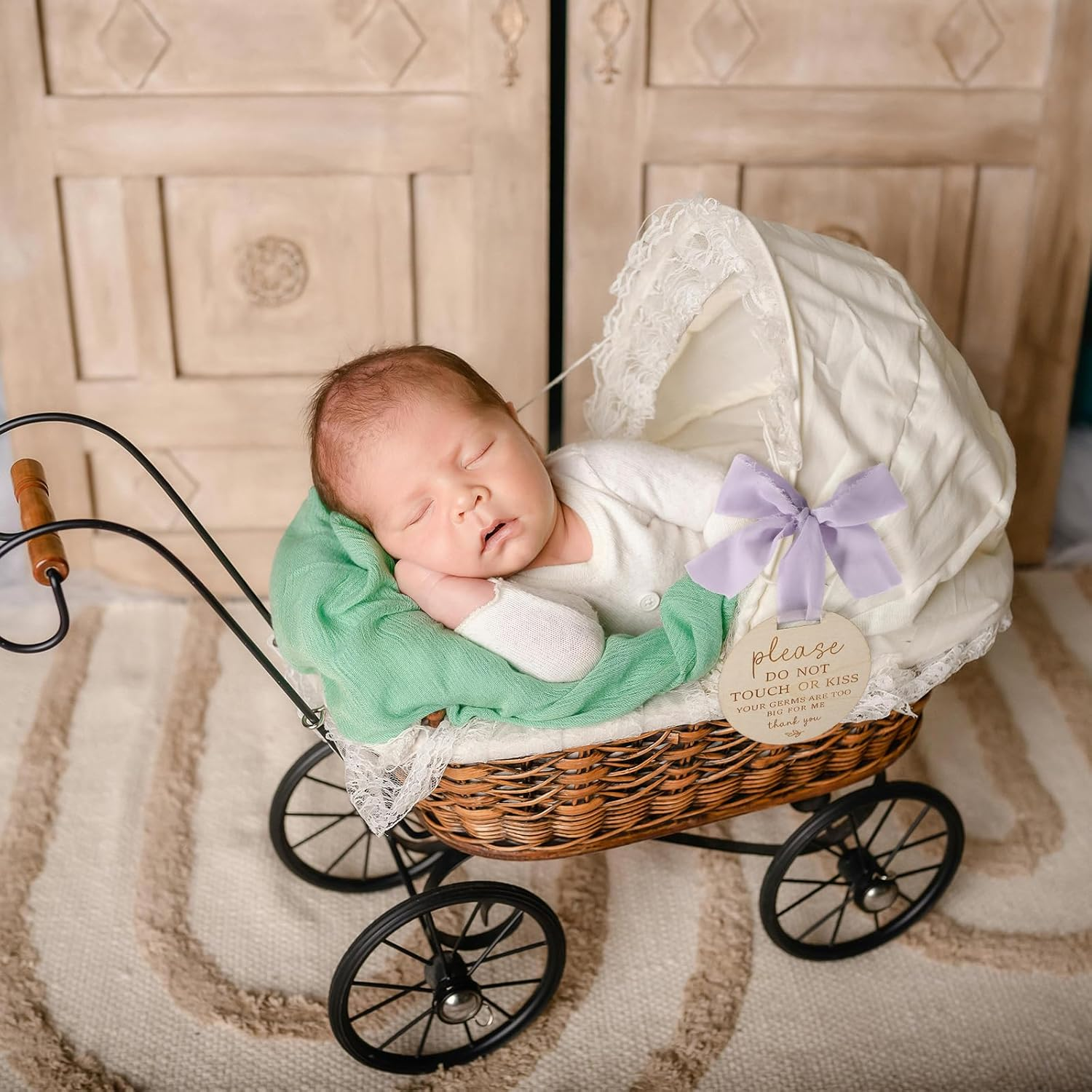 Please Do Not Touch or Kiss Baby Sign, Wooden Don'T Touch Baby Sign for Car Seat Baby Stroller Tag with Ribbon No Touching Baby Signage for Baby Newborn image number 6