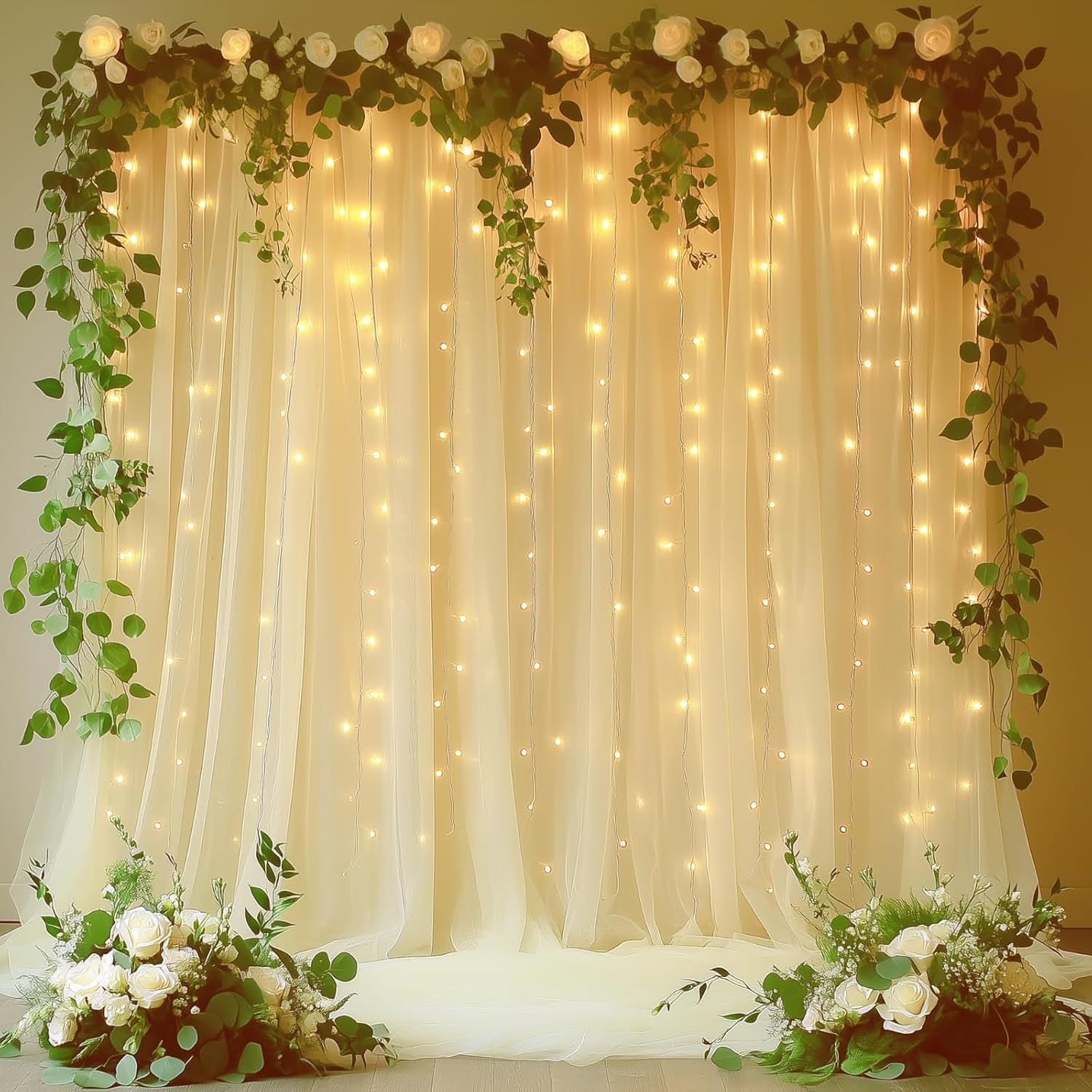 HOLITS Tulle Backdrop with Fairy Lights for Parities Wrinkle-Free Sheer Curtain Drapes Photo Back Drop for Wedding Baby Shower Bridal Shower Birthday Home D&eacute;cor-10Ft&times;8Ft, Champagne