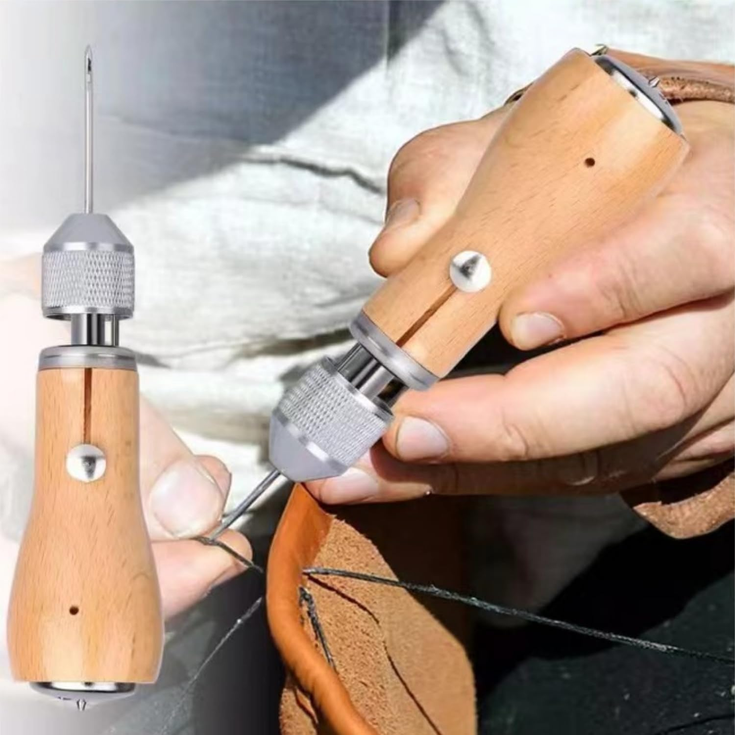 Zjkai Professional Speedy Sewing Awl Hand Stitcher DIY Repair Tool Kit for Leather and Heavy Fabrics Canvas and More with 1Pcs Coil,2Pcs Needles and 2X30 Meter Sewing Waxed Thread image number 2