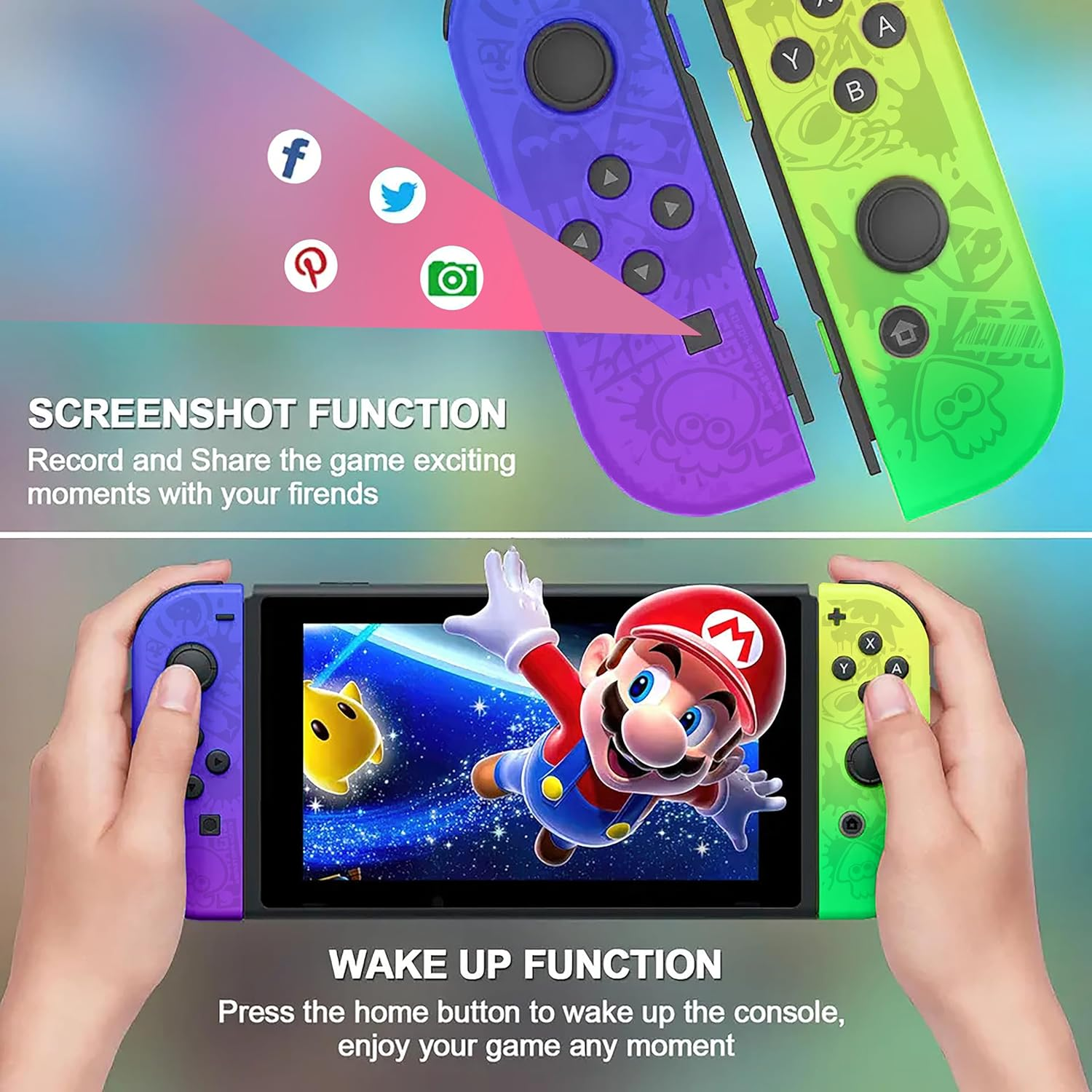 Costec Joy Con Controller for Nintendo Switch Replacement for Nintendo Switch Controller, Compatible with Switch, Wireless Left and Right Joy Con for Switch Nintendo Support Dual Vibration/Wake-Up/Screenshot, Joy Con Controller for Switch OLED Lite [Splatoon Design] Nintendo Joy Con image number 5