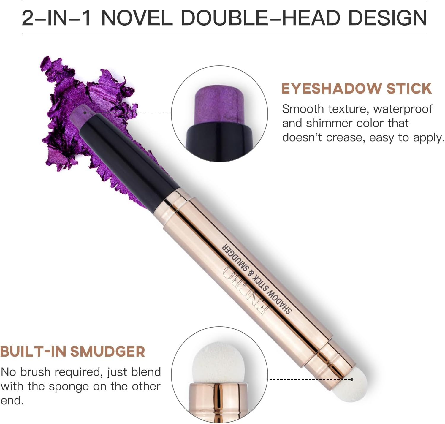 Eye-Shadow Stick Makeup Cosmetics Eye Brightener, Rotatable Cream Eye Shadow Pencil, Glitter Shimmer Eyeshadow Stick with Sponge Smudger for Eye Makeup (08# Violet Shimmer) image number 2