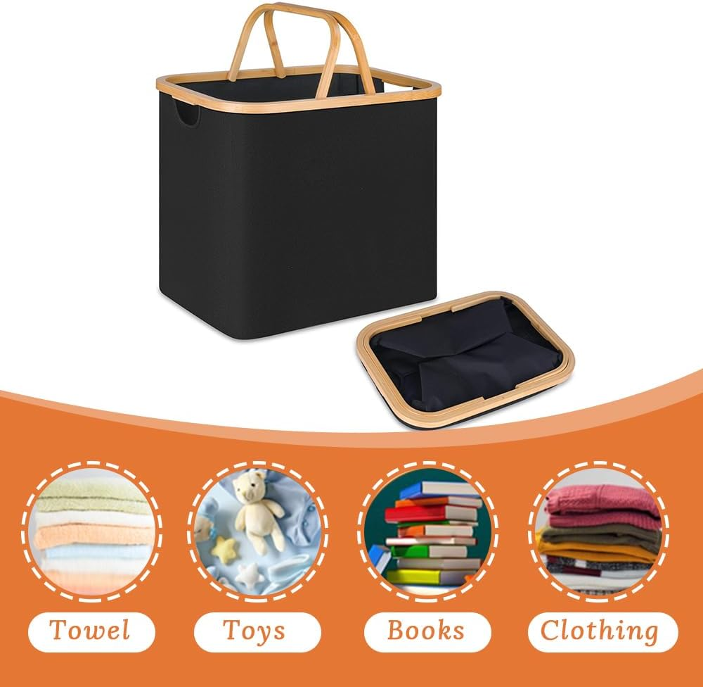 Foldable Laundry Basket with Wooden Handle, Home Dirty Laundry Hamper, Multi-Function Storage Basket for Toys, Blankets and Clothes, Suitable for Living Room, Bathroom, Laundry Room, Etc. (Black) image number 1