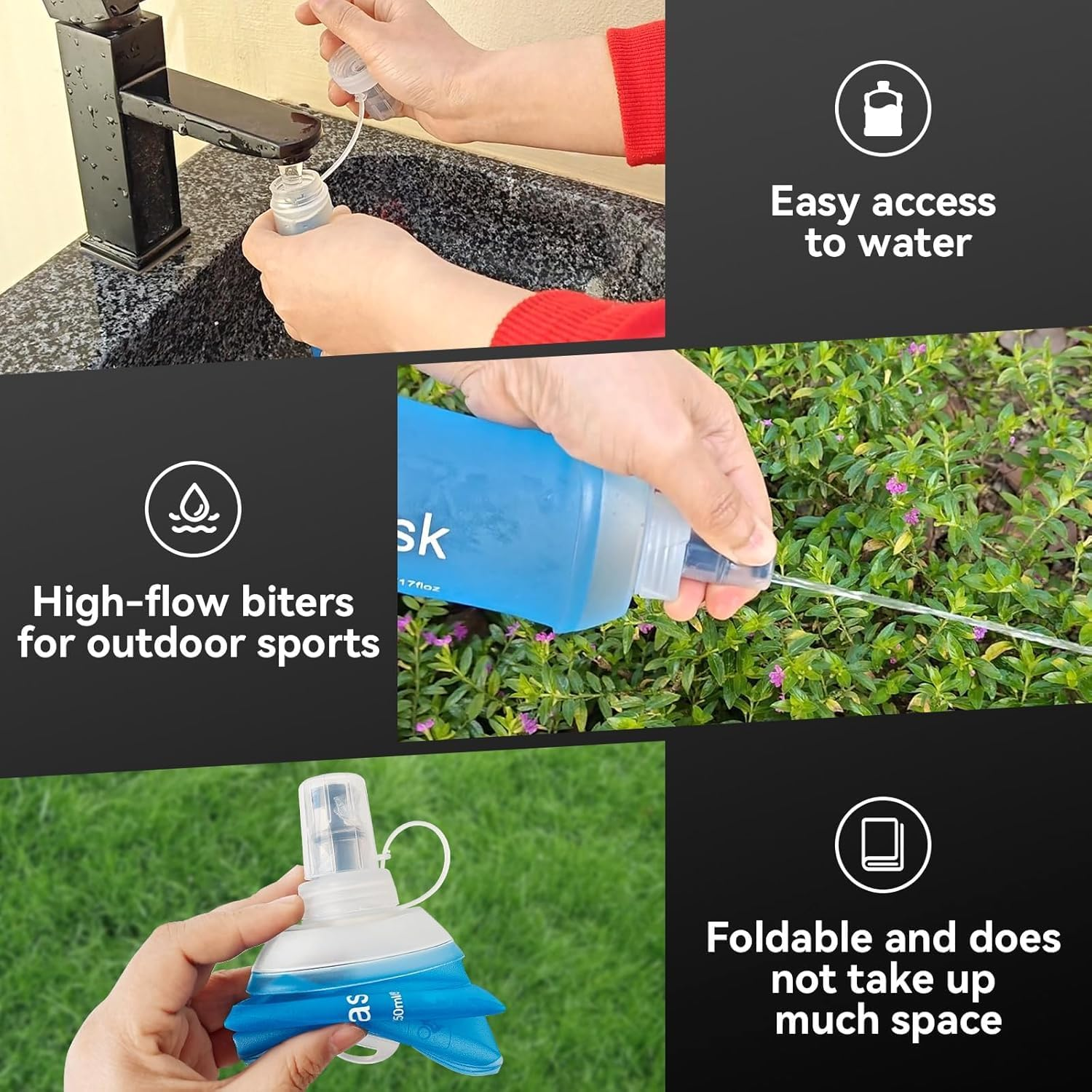 Soft Flask Running Water Bottles,500Ml, Foldable Water Bottle,Tpu Collapsible Running Hydration Flask for Hydration Pack Hiking Cycling Climbing, Collapsible Water Bottle, 2 Pack image number 4