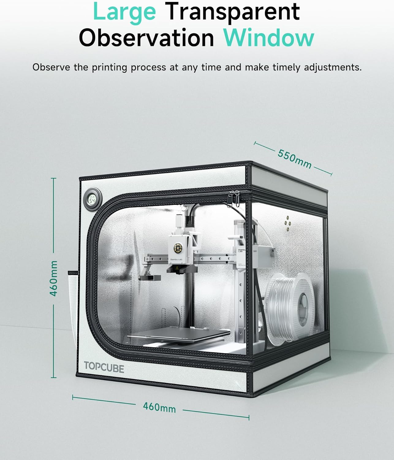 3D Printer Enclosure for Bambu Lab A1 Mini, Large Transparent Window Enclosure with LED Light, Fireproof Dustproof Noise Reduction Constant Temperature 3D Printer Cover, 460X460X550Mm