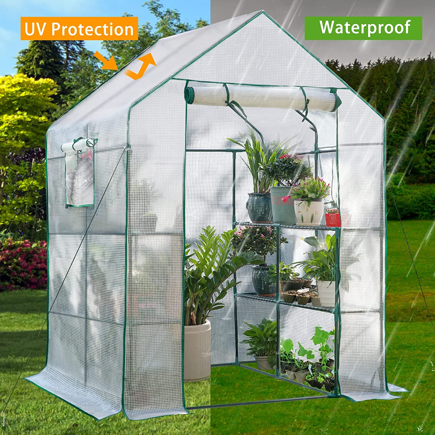 Green Houses for Outdoors, PE Walk in Greenhouse with 2 Side Mesh Windows, Portable Green House with Anchors & Ropes Stands up to Wind, 56"X56"X78" White image number 1