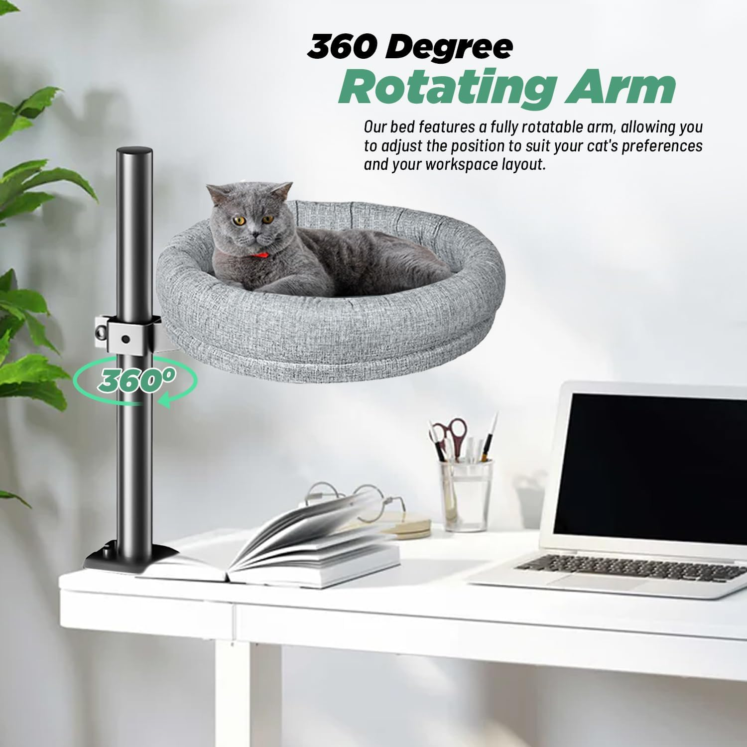 Raised Cat Bed &ndash; 360&deg; Rotating Cat Hammock for Desk | Spacious Elevated Cat Nest with Soft Plush Cushion | Adjustable Height up to 40Cm | Secure Padded Clamp, Space-Saving & Machine Washable image number 4
