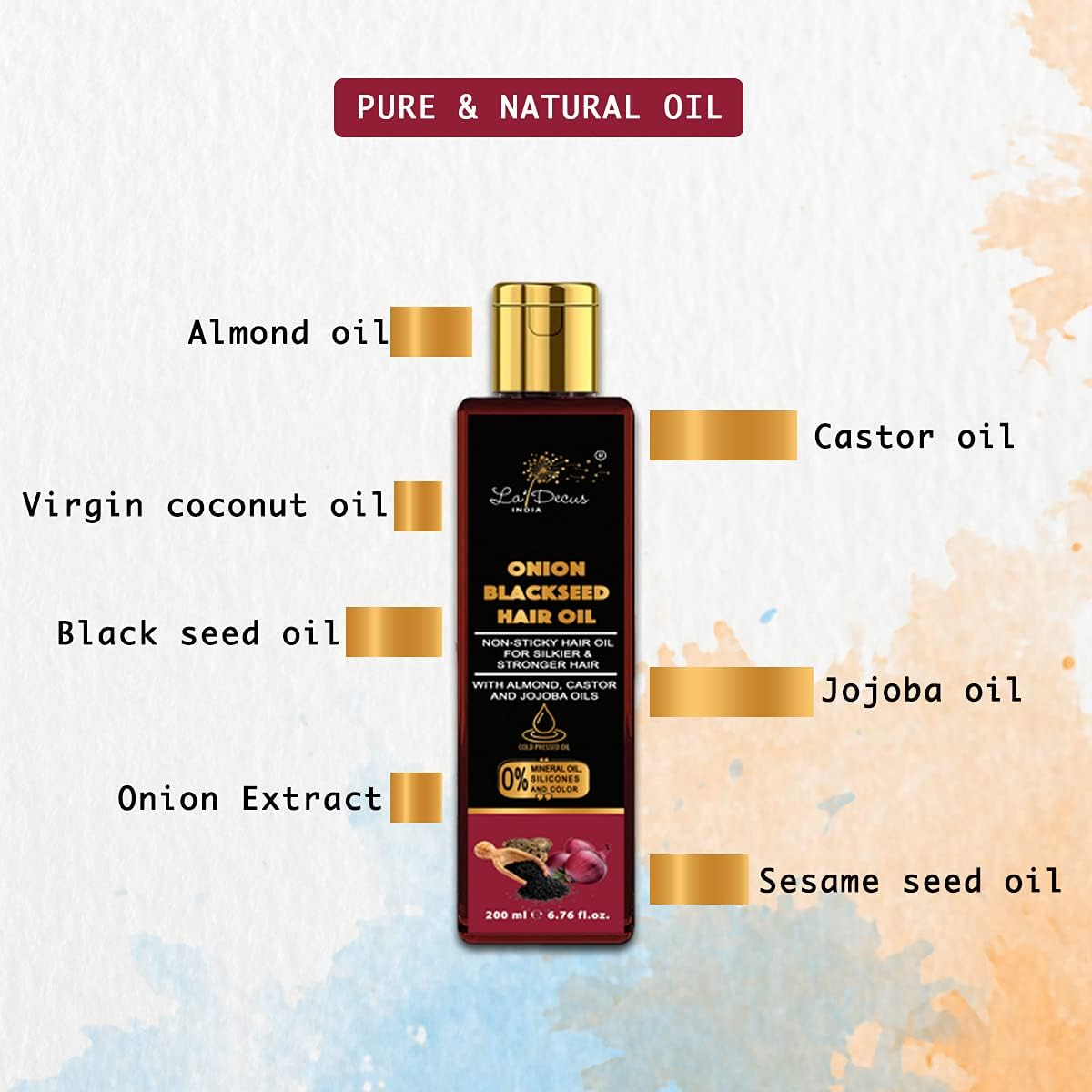 La&rsquo; Decus&reg; India Onion Black Seed Hair Oil | Enriched with Almond, Castor and Jojoba Oils | Promotes Hair Growth and Makes Stronger and Silkier Hair Pack of 200 Ml image number 2